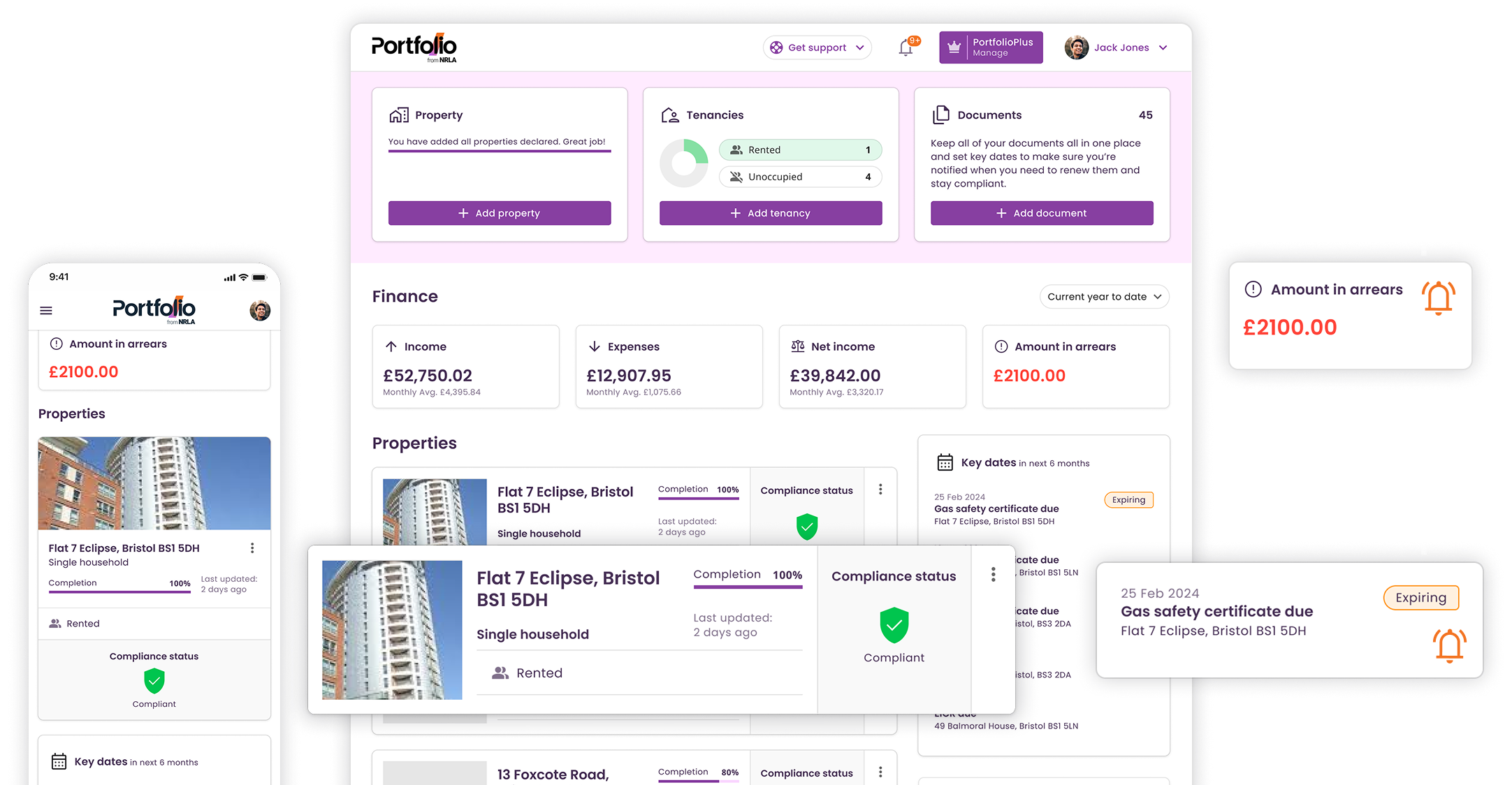 Portfolio Dashboard showing desktop and mobile interfaces with property management features